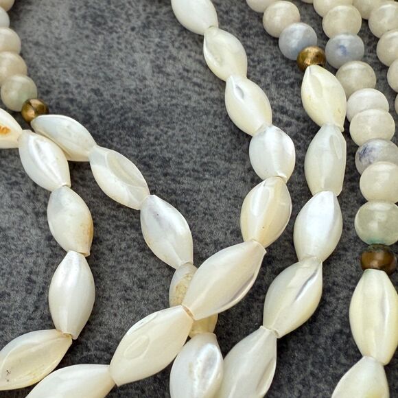 Vintage Natural Gemstone & Mother Of Pearl Rice Beads Necklace Double Strand 15" - Picture 6 of 13